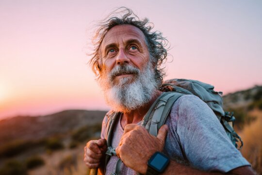 elderly man hiking at sunset with backpack and walking stick gazing into distance in golden field with pink sky showing active lifestyle and antiaging vitality concept of outdoor travel wellness brand