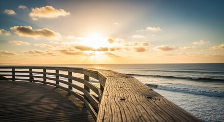 Wooden boardwalk overlooking ocean at sunset