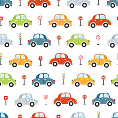 Cute Multicolored Vehicles on Road with Traffic Signs and Trees with Path Repeat Vector Kids Pattern  
