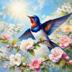 A painting of beautiful bird on a background of vibrant blossoms and soft blue skies