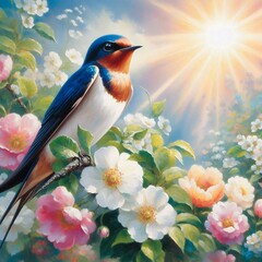 A painting of beautiful bluebird on a background of delicate flowers and gentle rays
