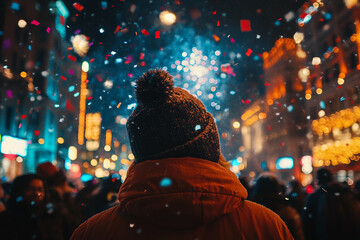 Dreamy Winter Night with a Person Admiring Sparkling Fireworks in Festive Holiday Atmosphere, Generative AI