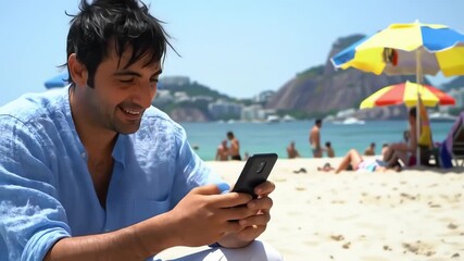 Handsome man sitting on a crowded sunny beach smiles while texting on his smartphone during a tropical vacation - Powered by Adobe