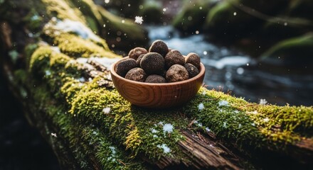 Wooden bowl filled with dark, round objects rests on a mossy log near a stream, snow falling