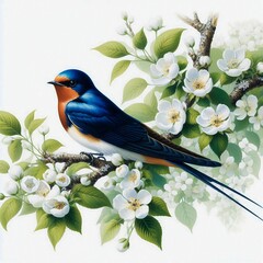 A painting of beautiful swallow on a background of delicate blossoms and soft foliage