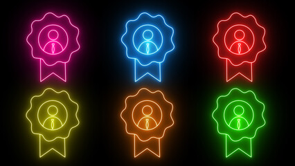 Glowing neon employee award icon. Modern human resources symbol on black background