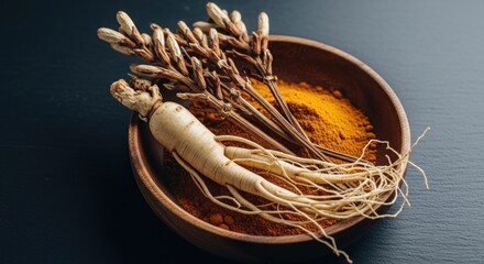 Wooden bowl with ginseng root, dried herbs, and turmeric powder