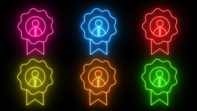 Glowing neon employee award icon. Modern human resources symbol on black background