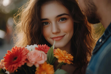 Naklejka premium Beautiful Young Woman Holding Flowers On A Sunny Day, Generative AI