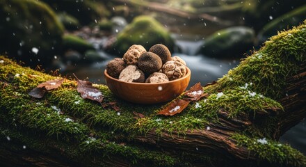Wooden bowl of fungi resting on a mossy log by a stream, snowfall