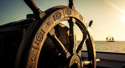 Wooden ship's wheel at sunset