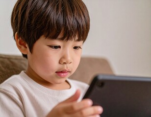 リビングでタブレットを操作する男の子