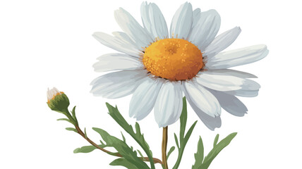 Naklejka premium A digital illustration or painting depicts a single daisy flower in close-up view. The daisy has white petals surrounding a golden-yellow center. A small, unopened bud is visible on the stem