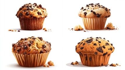 Four muffins with chocolate chips, set on a white background with crumbs