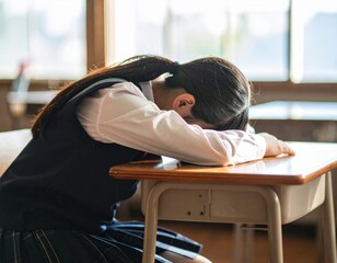机に突っ伏して眠る女子学生