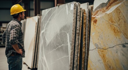 Worker examining stone slabs in warehouse