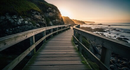 Wooden walkway leads to ocean sunset