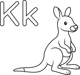 Isolated Alphabet coloring page letter K with kangaroo. Good for preschool learning, early literacy activities, homeschooling, and printable worksheets