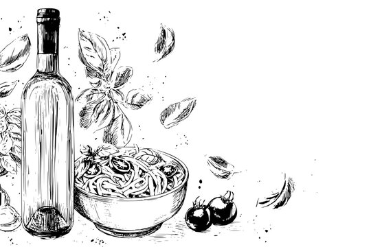 Illustration showing a bottle of wine, pasta in a bowl, basil leaves and tomatoes in black and white