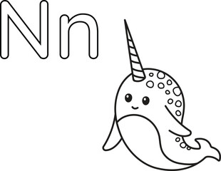 Isolated Alphabet coloring page letter N with narwhal. Good for preschool learning, early literacy activities, homeschooling, and printable worksheets