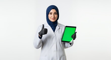 Smiling Muslim Doctor Shows Thumbs Up, Holding a Tablet with Green Screen