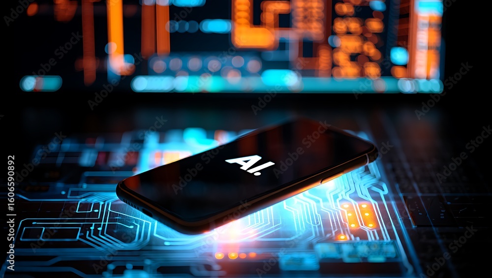 Poster smartphone displaying ai text glowing on a futuristic circuit board with blue and orange lights