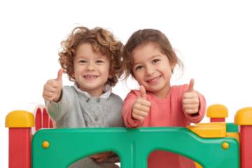 Children playing with joyful thumbs up at indoor playground. Isolated on transparent background, png.