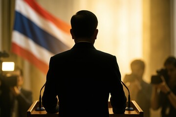 An anonymous figure speaks at a podium, surrounded by media.