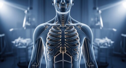 3D anatomical illustration of upper torso, highlighting skeletal and muscular structure