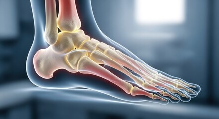 3D anatomical view of a human foot.  X-ray style view of bones with highlighted ligaments