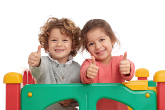 Children playing with joyful thumbs up at indoor playground. Isolated on transparent background, png.