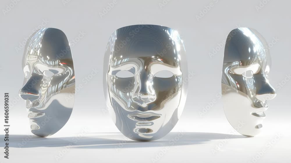 Poster three reflective metallic masks arranged in a row, showcasing different angles and expressions, high