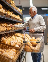 Elderly Man Buying Fresh Bread in Supermarket– Traditional Loaves, Rolls & Warm Shopping Experience