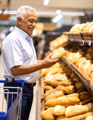 Elderly Man Buying Fresh Bread in Supermarket– Traditional Loaves, Rolls & Warm Shopping Experience