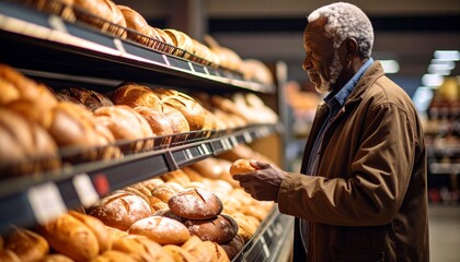 Elderly Man Buying Fresh Bread in Supermarket– Traditional Loaves, Rolls & Warm Shopping Experience