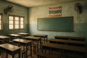 An empty classroom with wooden desks and faded walls.