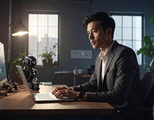 An advanced office setting where innovation thrives as a man and AI robot tackle complex tasks together, representing the future of intelligent teamwork.