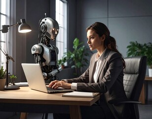 A modern workplace scene featuring a woman and an AI robot exchanging data and working on tasks together. A powerful concept of future-ready offices blending human intuition and machine precision.