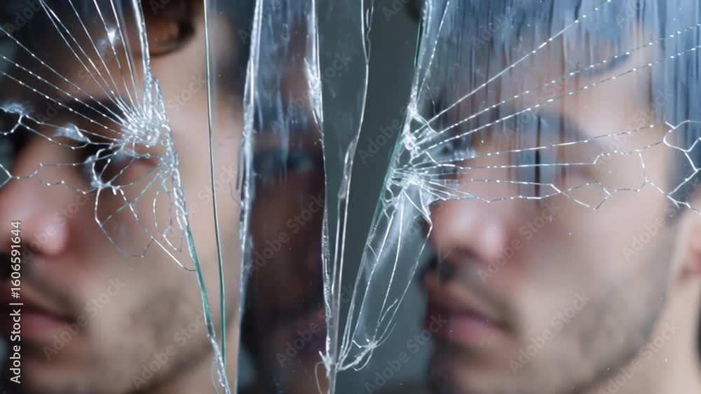 Poster exploring identity through reflections in shattered glass in an intimate indoor setting