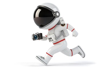 Playful 3D Render of Running Astronaut with Camera, Space Exploration, Fun, Whimsical Style