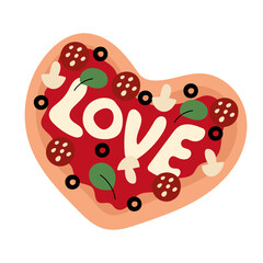 Heart-shaped pizza with melted cheese forming the word 