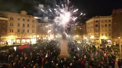 Large crowd gathering at night in a city square, celebrating an event with festive lights