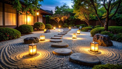 Tranquil Japanese Zen garden at dusk featuring a winding stone pathway, gentle raked gravel, and soft candlelight glow creating peaceful, meditative ambiance and harmony