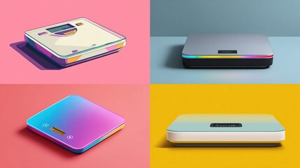 Four tech devices in vibrant settings showcase sleek, modern design and colorful lighting