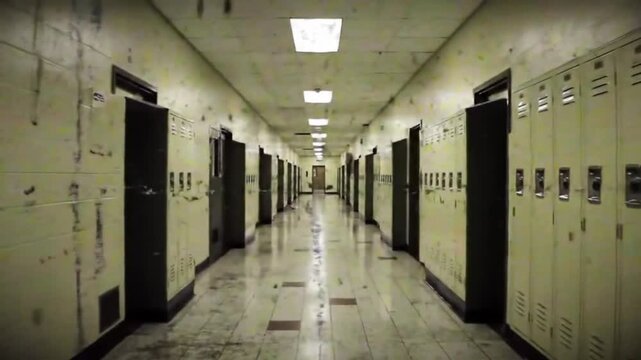 Empty School Hallway with Flickering Fluorescent Lights &ndash; VHS Horror