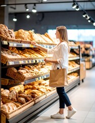 Young Woman Buying Fresh Bread in Supermarket– Traditional Loaves, Rolls & Warm Shopping Experience