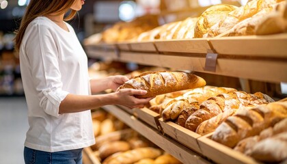 Young Woman Buying Fresh Bread in Supermarket– Traditional Loaves, Rolls & Warm Shopping Experience
