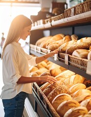 Young Woman Buying Fresh Bread in Supermarket– Traditional Loaves, Rolls & Warm Shopping Experience
