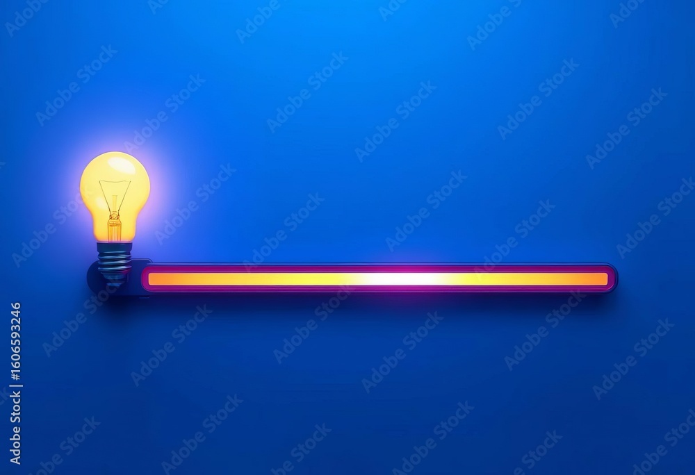 Poster loading bar graphic with glowing lightbulb on blue background, loading screen, lightbulb