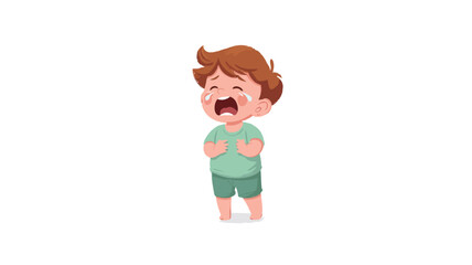 A digital illustration of a young boy with reddish-brown hair, wearing a mint green short-sleeved shirt and light brown shorts, crying profusely. The style is cartoonish, with soft lines and muted